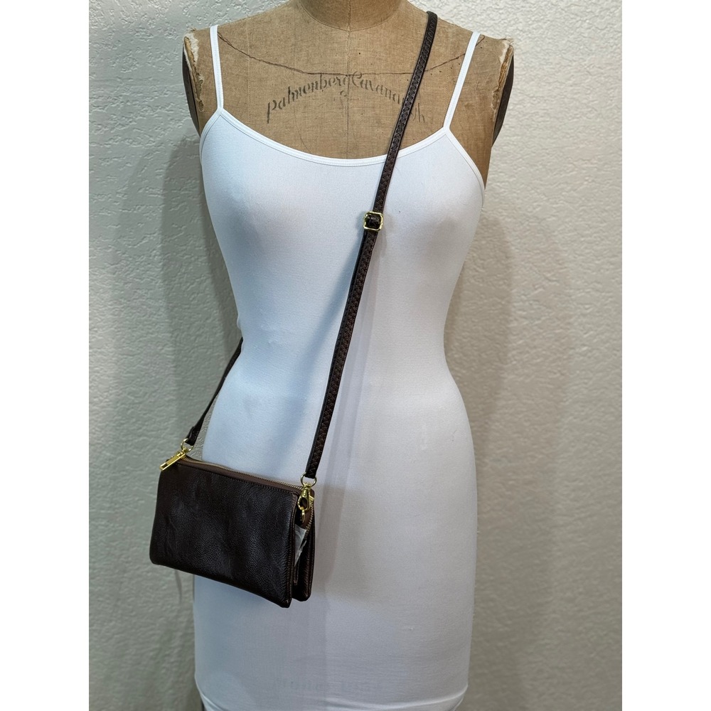 Vegan Leather Brown Shimmer Crossbody‎ Clutch Wristlet Purse 3 Compartments NWT